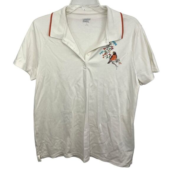 Lands' End Polo Shirt Womens Large Bird White Orange Cotton Preppy Whimsical - Picture 1 of 7